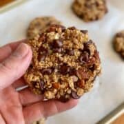 6 ingredient banana chocolate chunk cookies with chocolate chips, nut pieces and oats