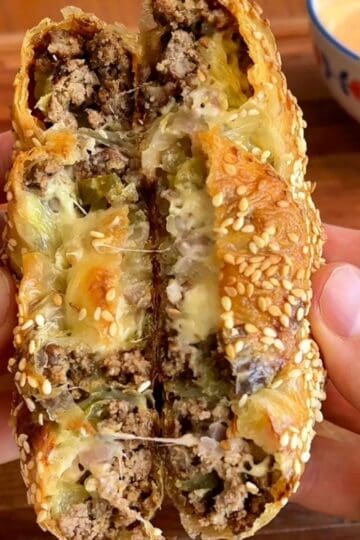 Big mac rice paper spiral with melted cheese and sesame seeds