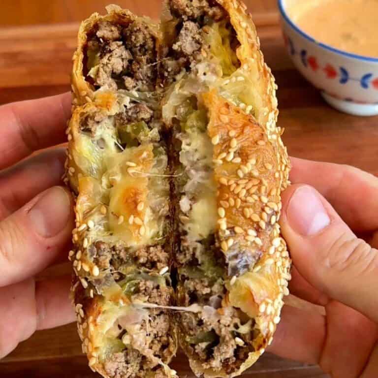 Big mac rice paper spiral with melted cheese and sesame seeds