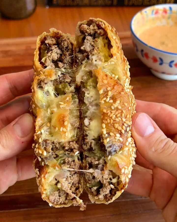 Big mac rice paper spiral with melted cheese and sesame seeds