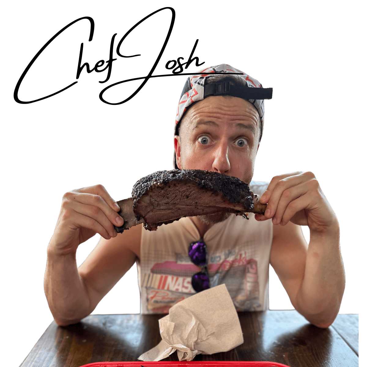 chef josh's signature alongside chef josh gale eating a beef rib