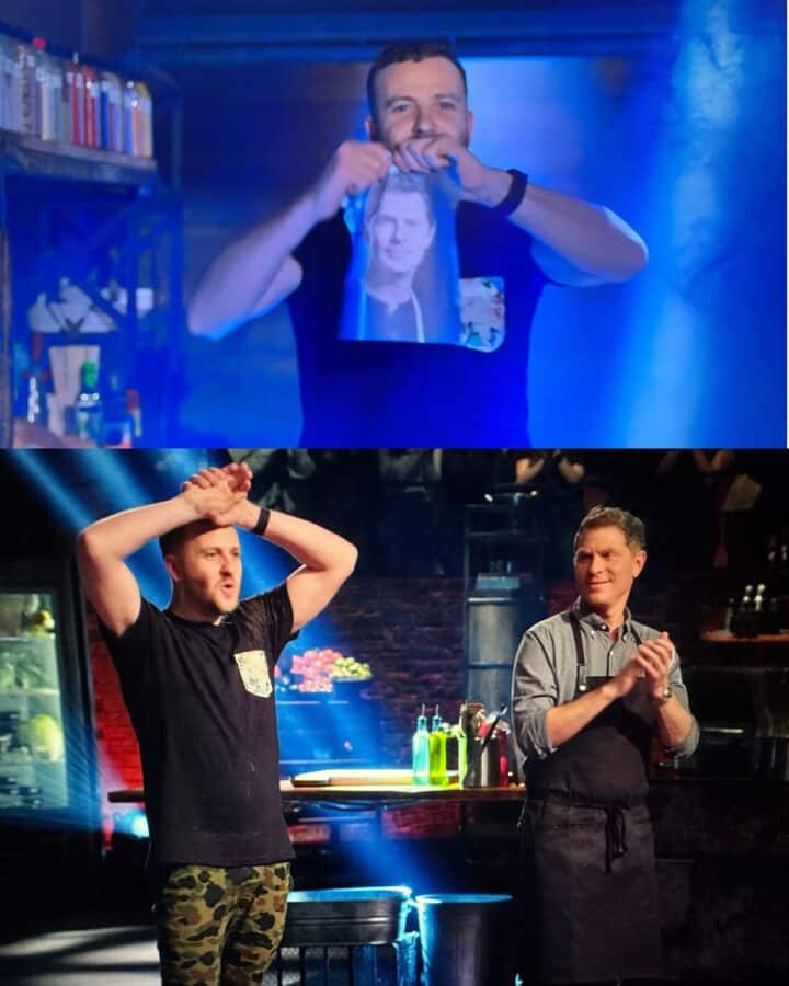 Chef Josh Gale competing against Chef Bobby Flay on the Beat Bobby Flay tv show