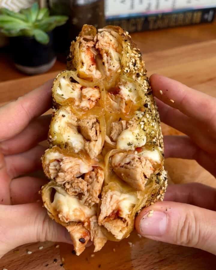 chicken parm rice paper spiral with sesame seeds and melted cheese
