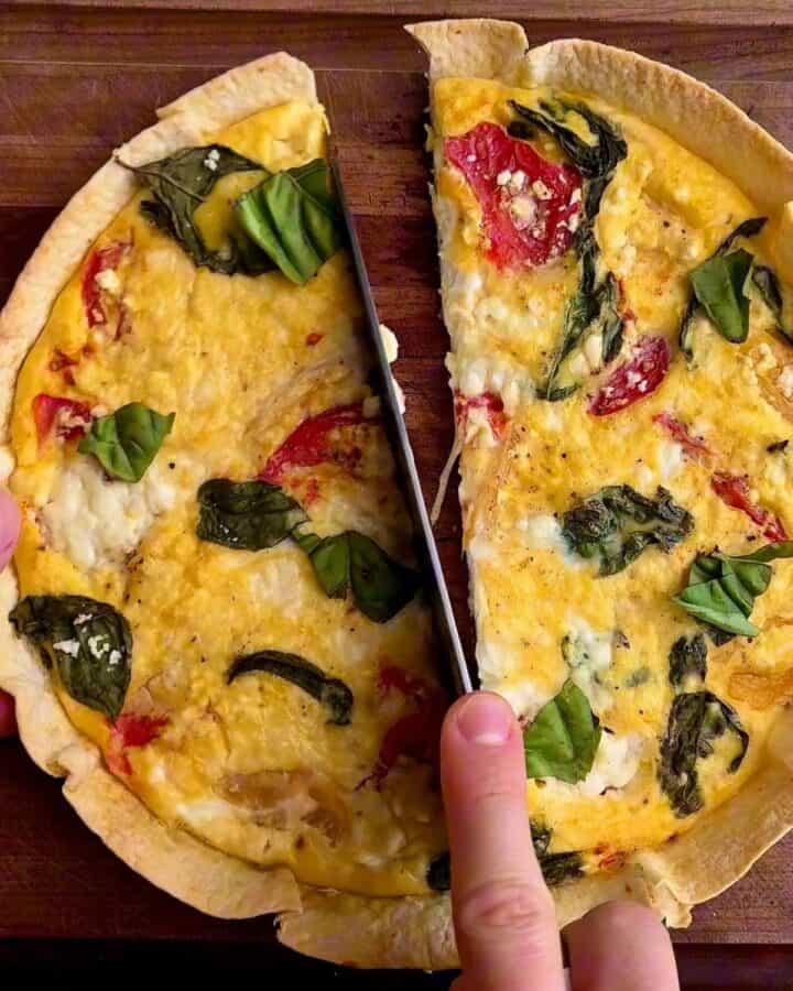 easy high protein tortilla quiche with tomatoes, fresh basil and feta
