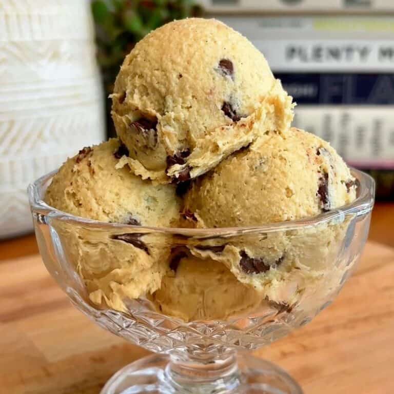 edible high protein cookie dough sundae with chocolate chips
