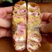 ham and cheese rice paper spiral with melty cheese and poppyseeds