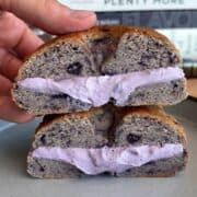 high protein blueberry bagel with blueberry cream cheese inside