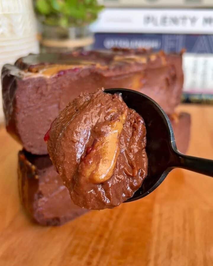 high protein chocolate banana pb&J cheesecake with peanut butter swirl