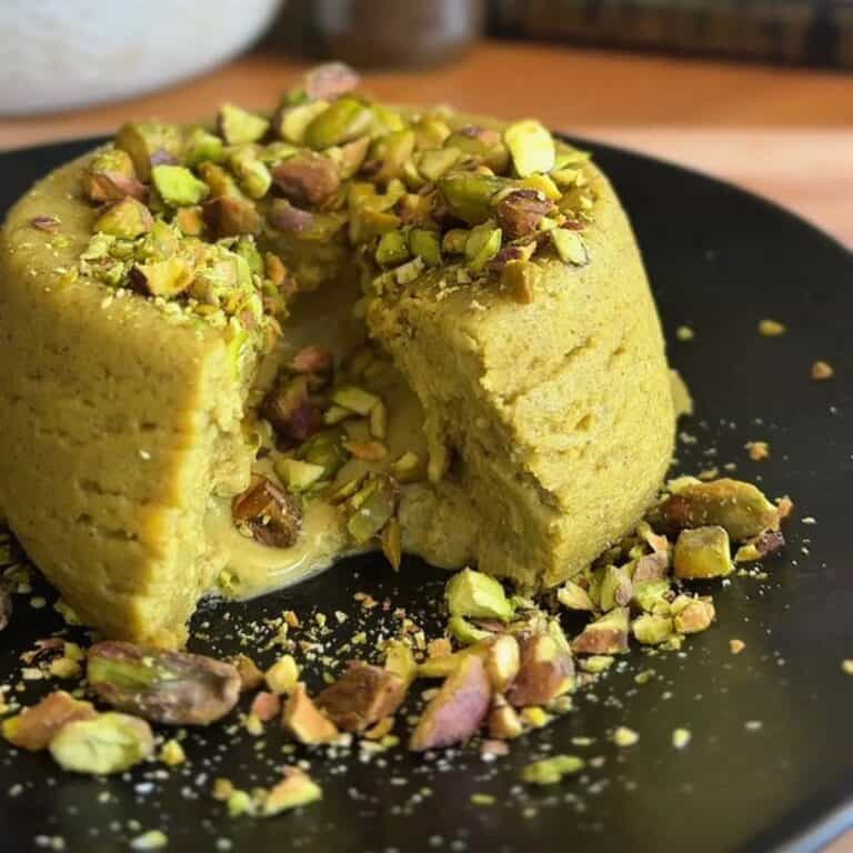 high protein microwave pistachio lava cake with chopped pistachios