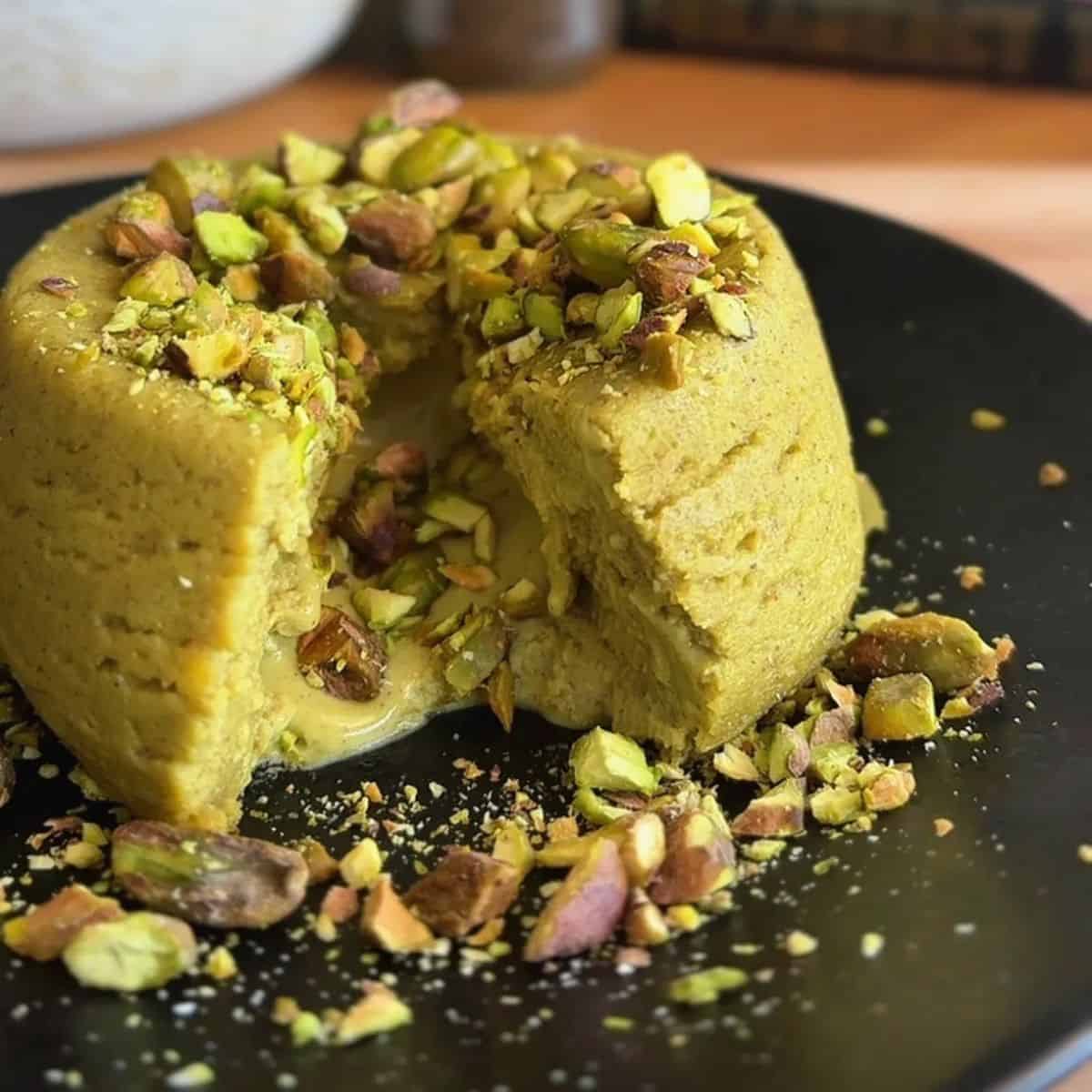 high protein microwave pistachio lava cake with chopped pistachios