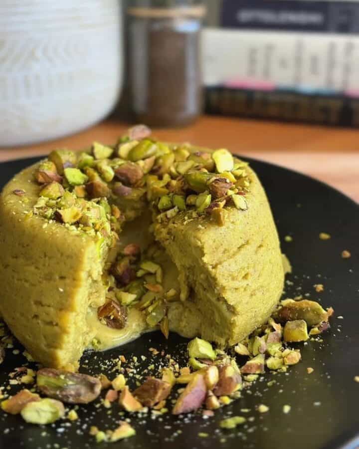 high protein microwave pistachio lava cake with pistachio center and chopped pistachios