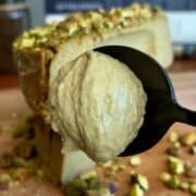 High protein pistachio cheesecake with crushed pistachios