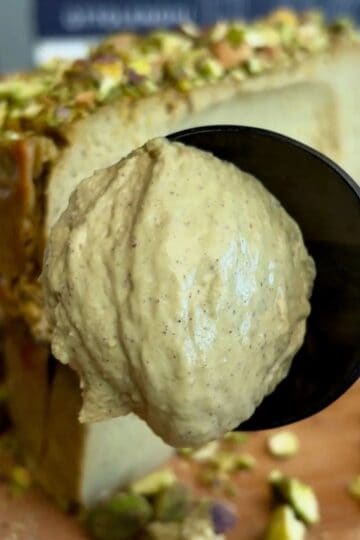 High protein pistachio cheesecake with crushed pistachios