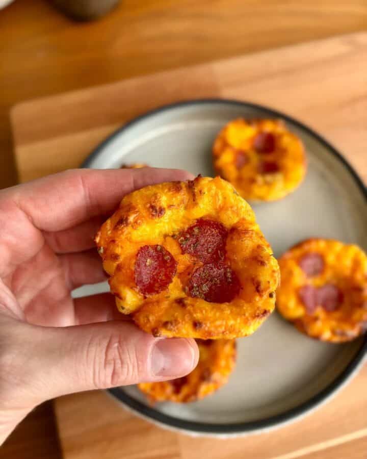 high protein pizza egg bite with mini pepperoni on top