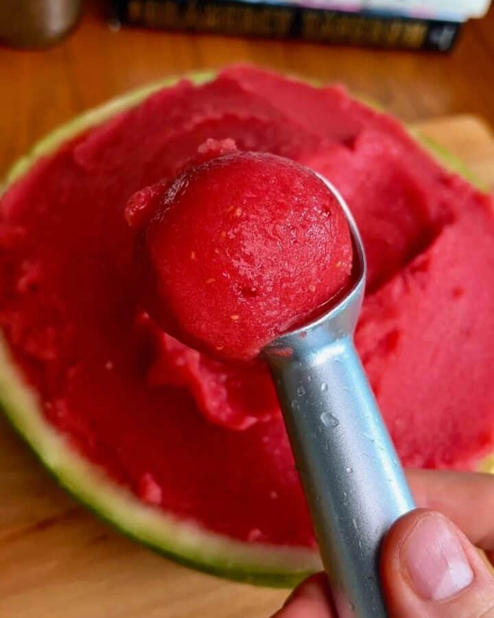 scoop of no churn watermelon sorbet in a big watermelon