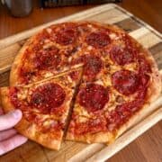 Pepperoni pizza with cottage cheese crust and melted cheese