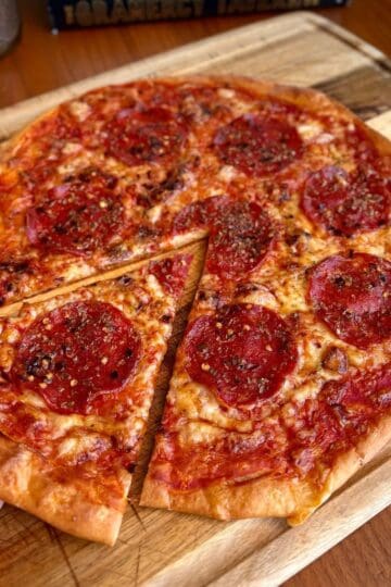 Pepperoni pizza with cottage cheese crust and melted cheese