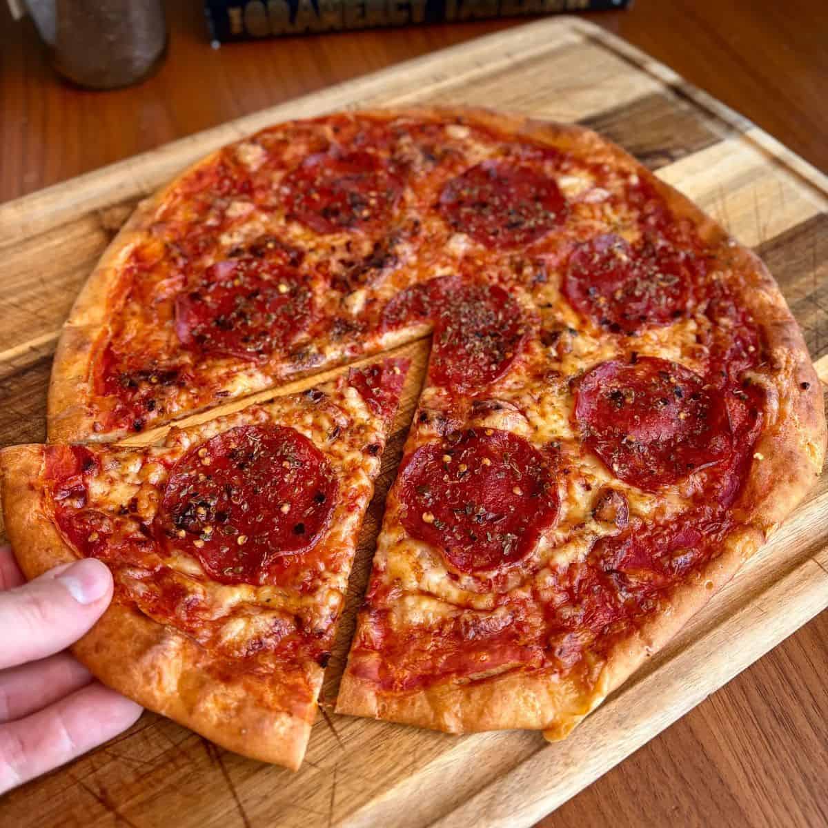 Pepperoni pizza with cottage cheese crust and melted cheese