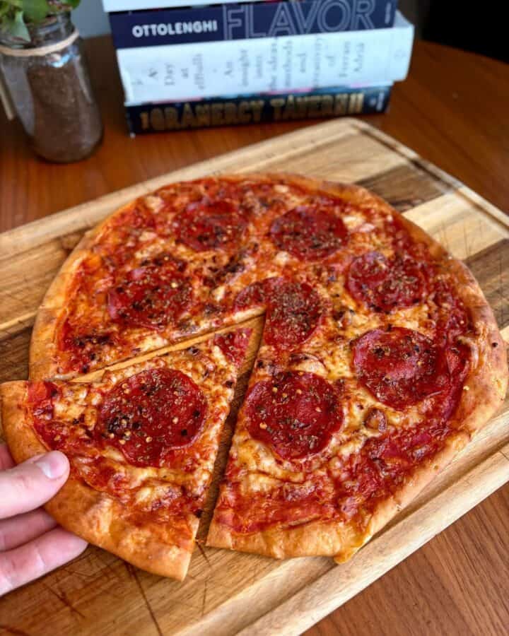 Pepperoni pizza with cottage cheese crust and melted cheese