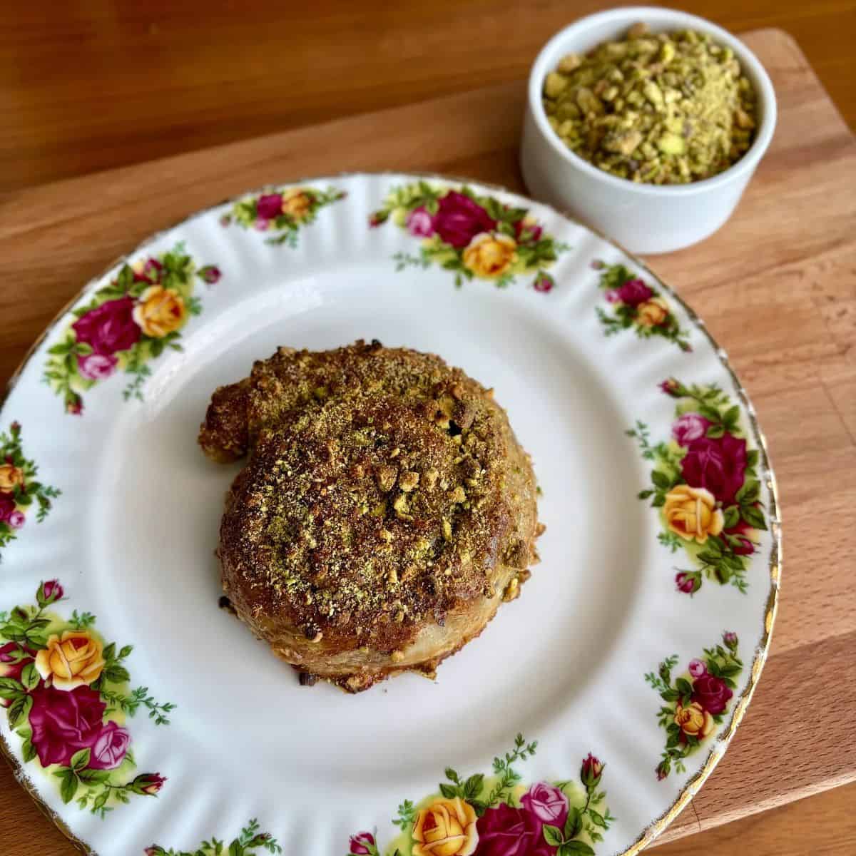 Pistachio baklava rice paper spiral with crushed pistachios