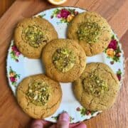 Pistachio meyer lemon cookies on a plate