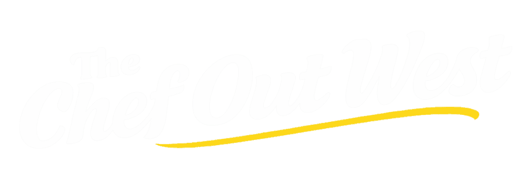 white letters with yellow underline, illustrating the chef out west logo
