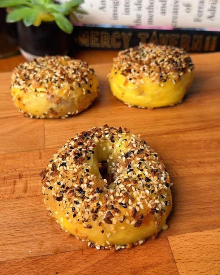 bacon, egg and cheese rice paper bagel sprinkled with everything bagel seasoning