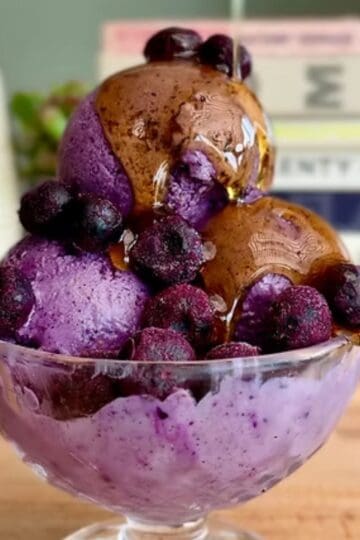 healthy protein packed blueberry ice cream with fresh blueberries and maple syrup
