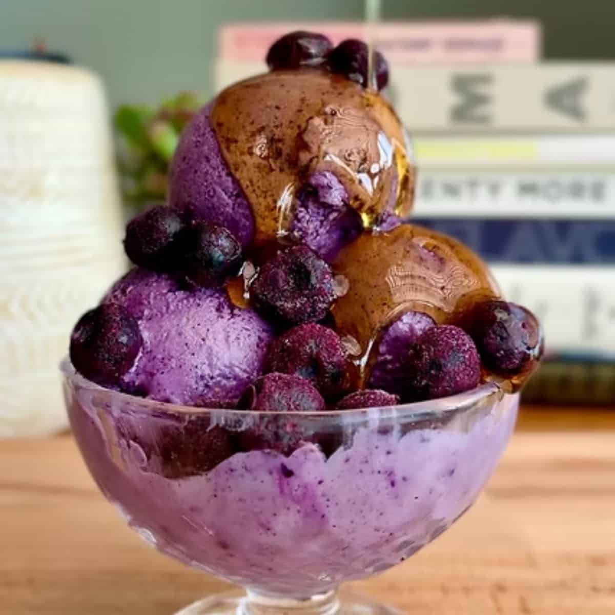 healthy protein packed blueberry ice cream with fresh blueberries and maple syrup