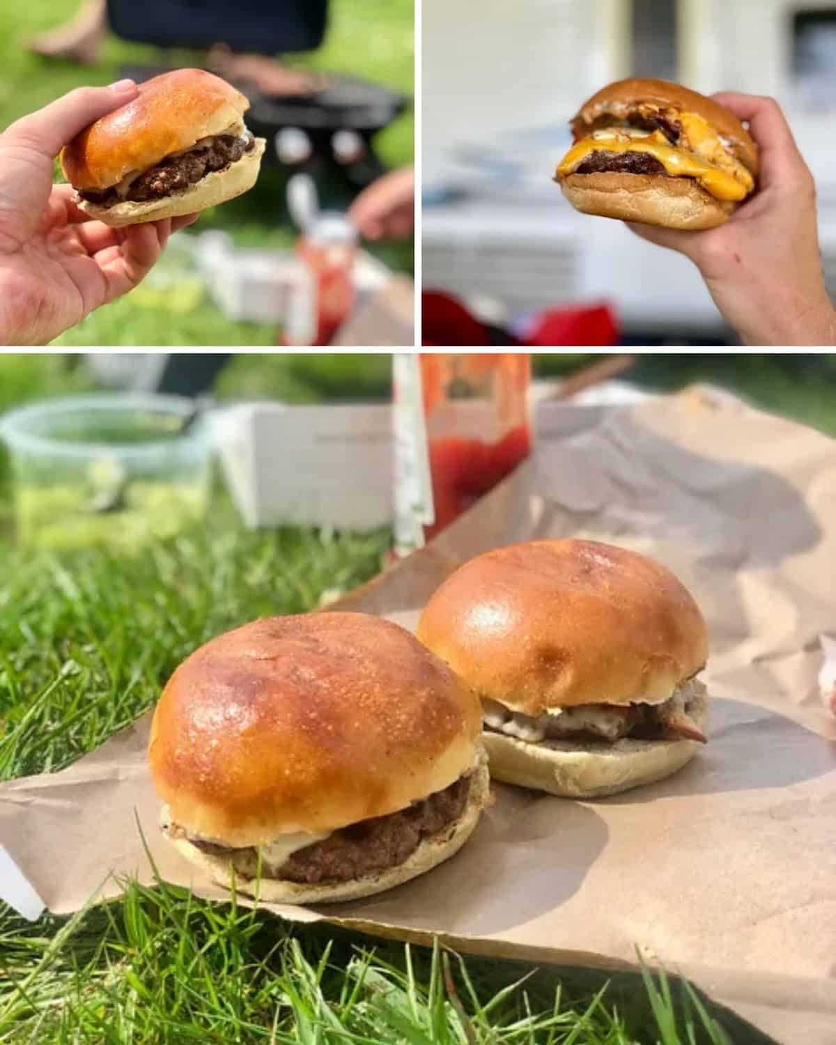 a photo collage of crispy cheeseburgers on toasted brioche buns