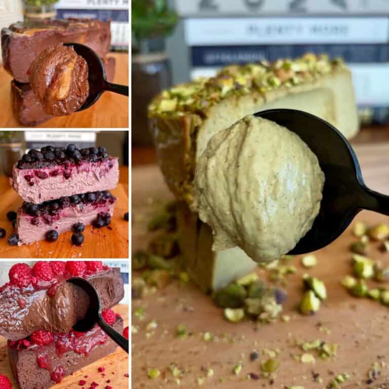 a collage of healthy, gluten-free, high-protein cheesecakes featuring fruit, chocolate and pistachio varieties