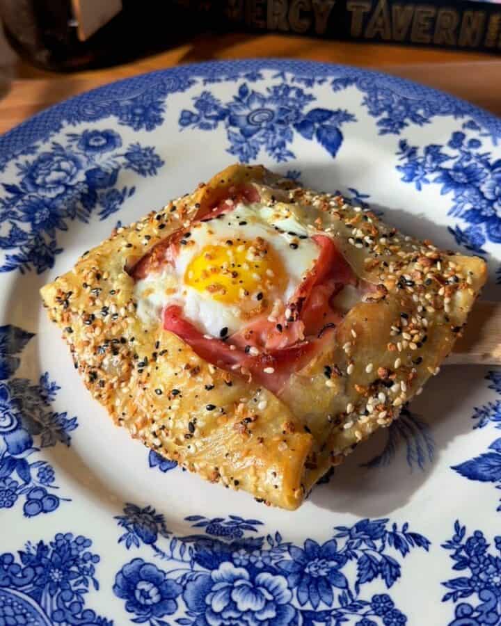 a finished crispy rice paper croque madam