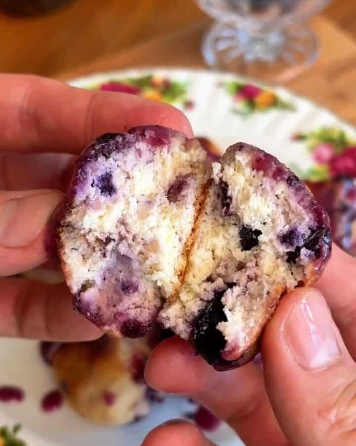 the inside of a healthy baked blueberry donut hole