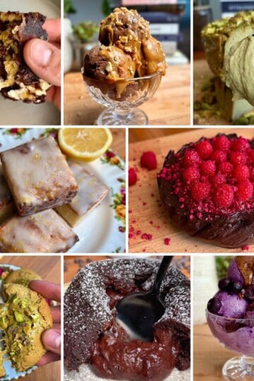 a collage of images featuring high protein desserts like cookies, brownies, cheesecakes, ice cream sundaes and bars