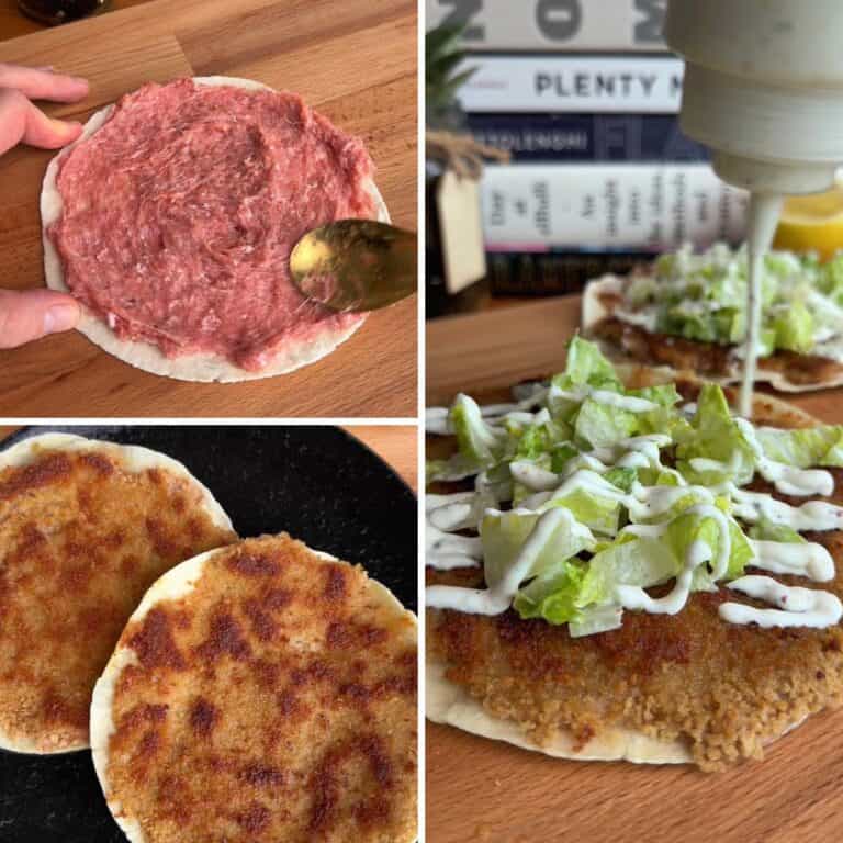 collage of photos highlighting how to make mcchicken smash tacos, first by spreading chicken on a tortilla, then smashing it in a pan, then topping it with crsipy lettuce and sauce