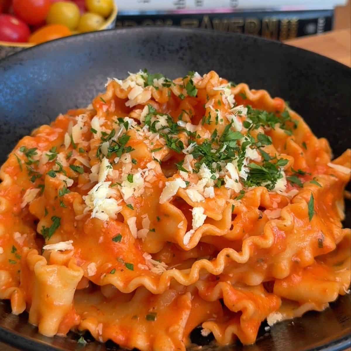 one pan creamy tomato pasta in a bowl, topped with parsley and cheese