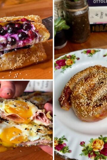 collage of crispy rice paper recipes featuring egg, sesame seeds, blueberries and oven-baked rice paper