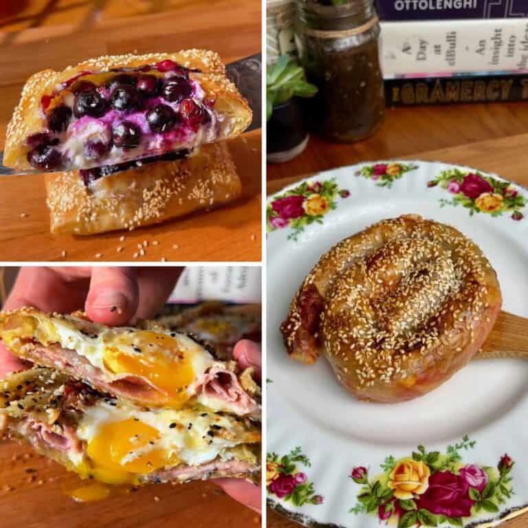 collage of crispy rice paper recipes featuring egg, sesame seeds, blueberries and oven-baked rice paper