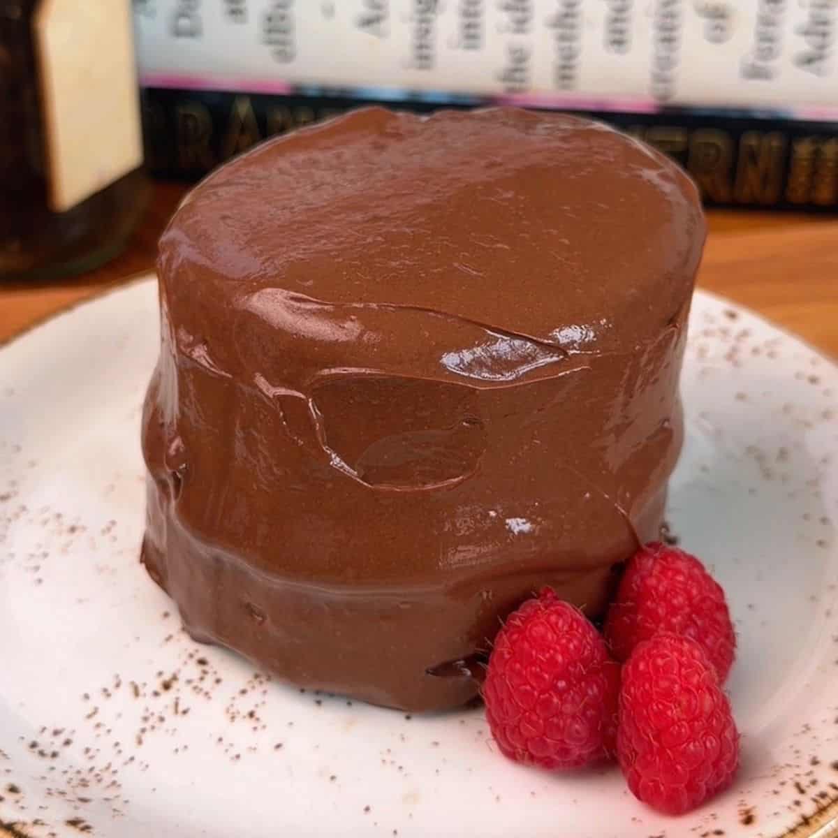 a personal sized high protein chocolate cake on a plate with raspberries