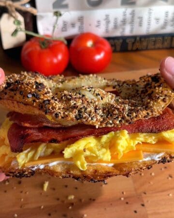 crispy rice paper bacon egg and cheese sandwich, fully assembled