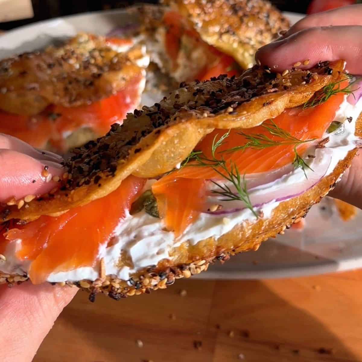 crispy baked rice paper sandwich, filled with cream cheese, red onion, capers, smoked salmon and dill