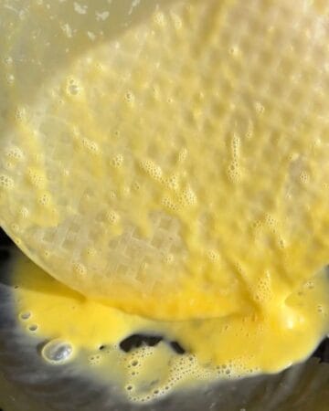rice paper sheet being dipped in egg wash