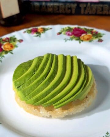 crispy rice waffle, made in a mini waffle maker, topped with avocado