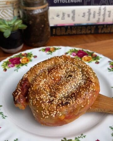 crispy pepperoni pizza rice paper spiral fresh out of the oven, ready to be eaten