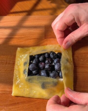 Blueberries in a rice paper crust for a homemade dessert or snack.