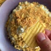 Close-up of a hand holding a potato chip with chicken pot pie filling.