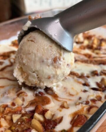 scoop of high protein peanut butter praline cottage cheese ice cream