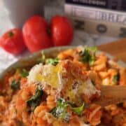 Close-up of one-pan pasta with chicken, mushrooms, spinach, and grated cheese, garnished with herbs, on a wooden spoon.